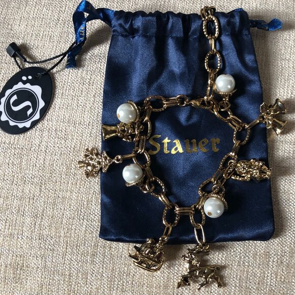 VTG Stauer Gold and Pearl Christmas Charm Bracelet - Picture 1 of 13